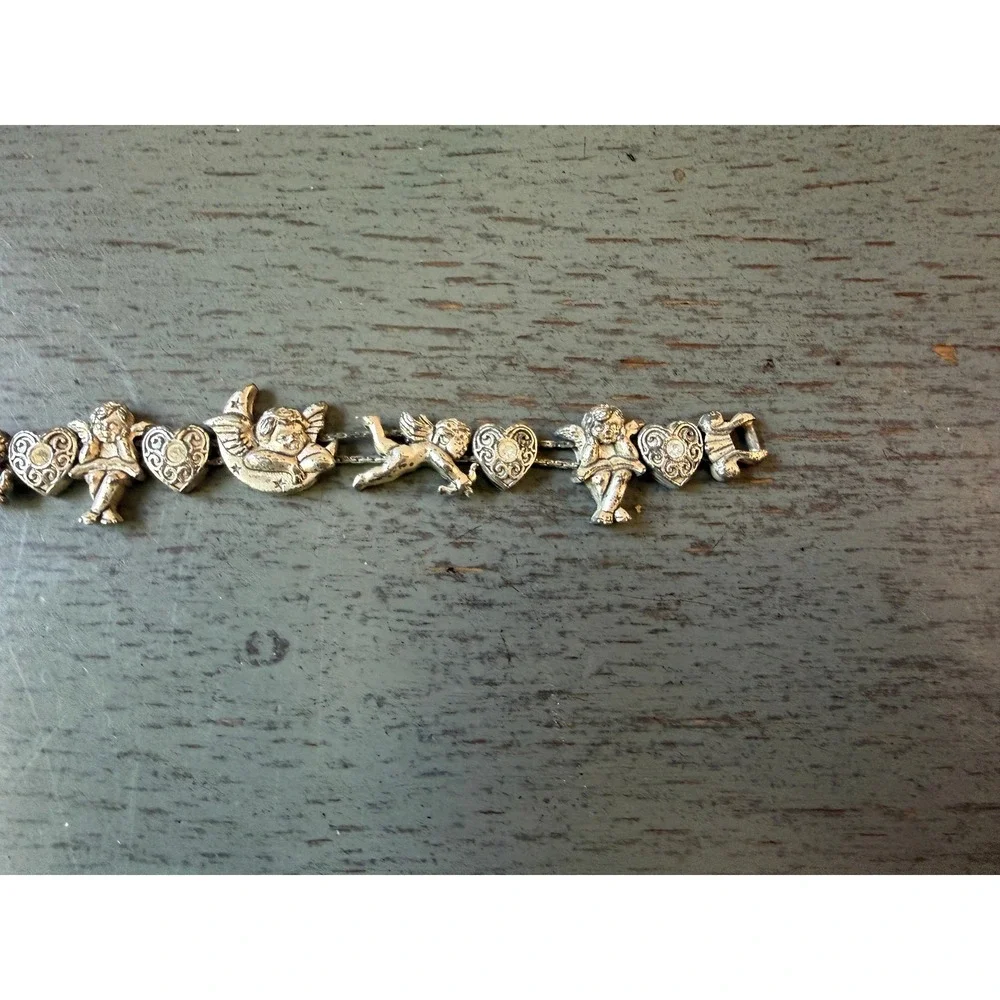 Vintage Silver Tone Cherub Angel Heart Rhinestone Link Bracelet Celestial 7.25in